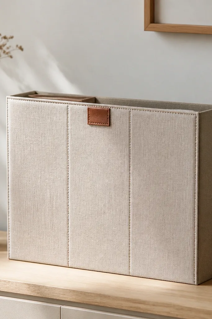 A magazine organizer box with a fabric cover stitched across the front. The sides are visible, but the front face hides the contents. A small tag label sits at eye level.