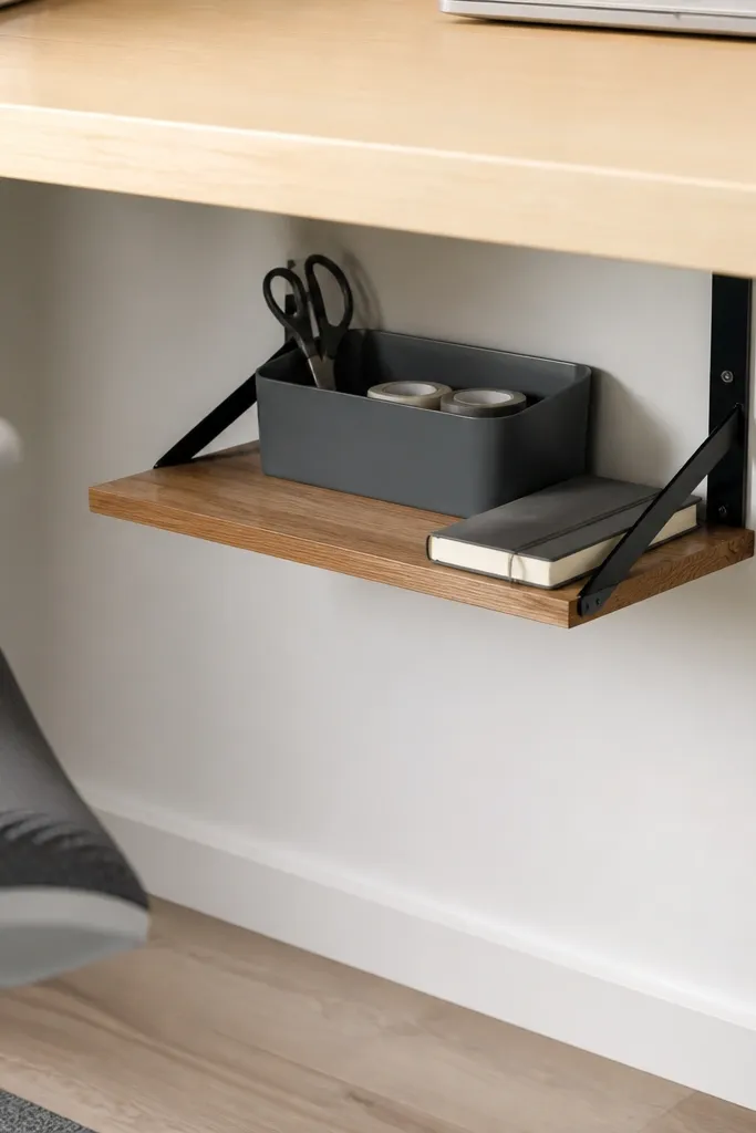 A small under-desk shelf made from two corner brackets and a thin wooden board. A small bin holds scissors and tape refills, and everything stays above the floor.