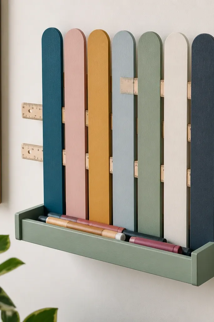 A wall-mounted organizer made of painted wood paint sticks arranged like a comb. Rulers slide into the gaps, and a small tray below holds markers.