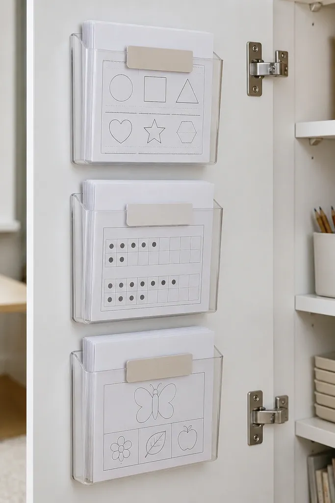 Clear plastic pockets attached to the inside of a cabinet door. Each pocket holds a stack of worksheets with a label on the pocket top.