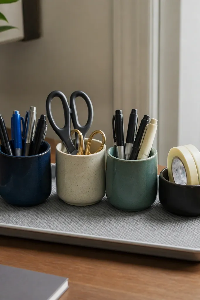 A cookie sheet turned upside down as a shallow tray. The inside surface has a grey drawer liner, and a row of small cups holds pens, scissors, and sticky tape.