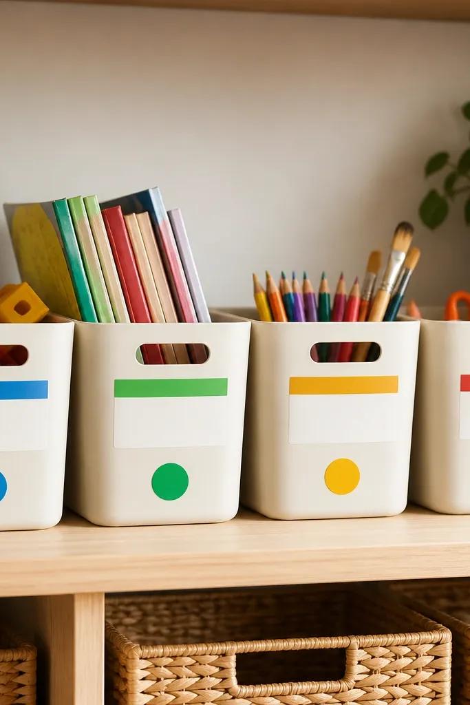 A row of bins each with a label tape strip containing a colored band. The bins are for Math, Reading, Art, and Supplies, with matching colored tape dots.