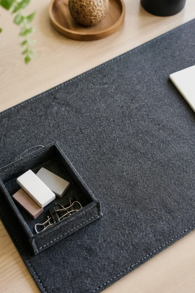 A felt desk mat with a stitched-on small compartment shaped like a rectangle. It holds erasers and small items, with a label on the mat corner.