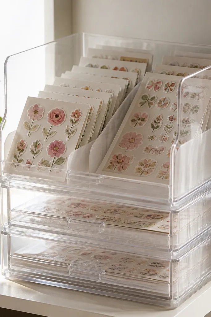 Clear stackable containers labeled for sticker sheets, with a small shelf divider keeping them upright. The top container is open-faced for easy access.