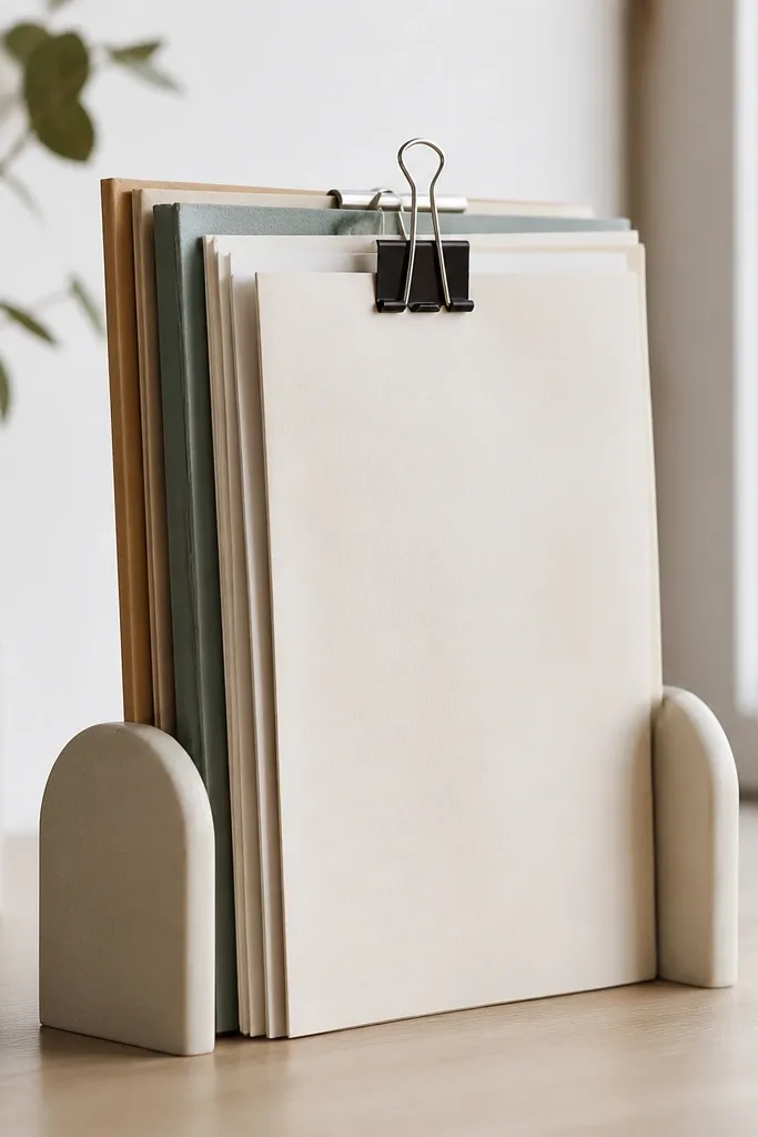 Two simple bookends holding a vertical stack of folders. A binder clip acts like a clamp at the top edge, keeping papers aligned.