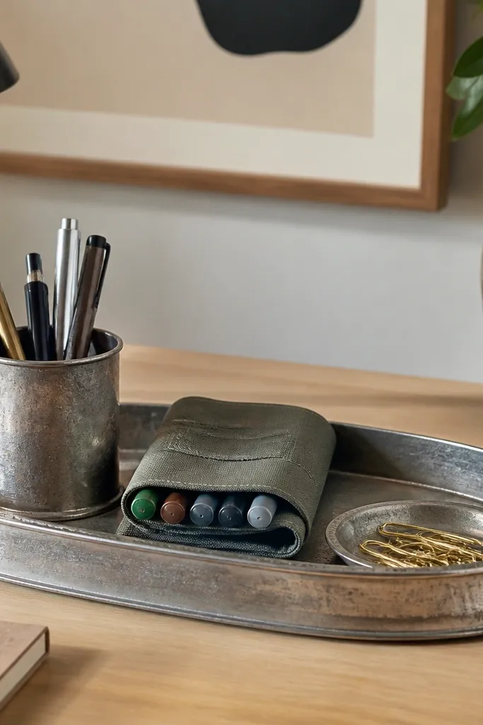 A thrifted metal serving tray on a desk with three zones: a small cup for pens, a folded fabric pouch for markers, and a shallow dish for paper clips.