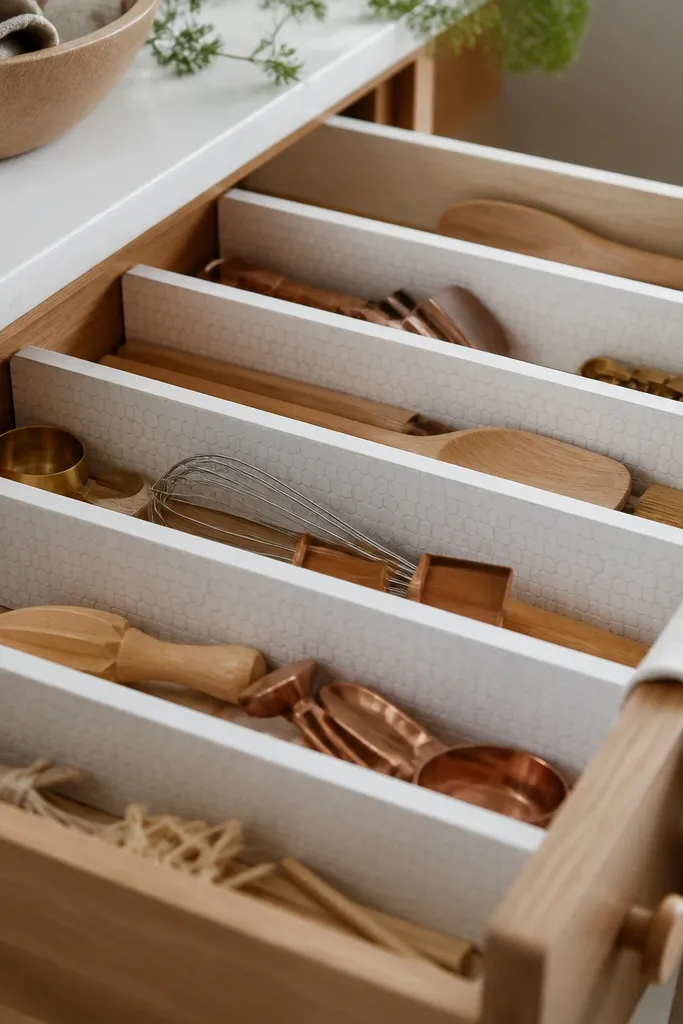 Small cutting boards cut into thin strips used as drawer dividers. The front faces have contact paper in a matte white pattern.