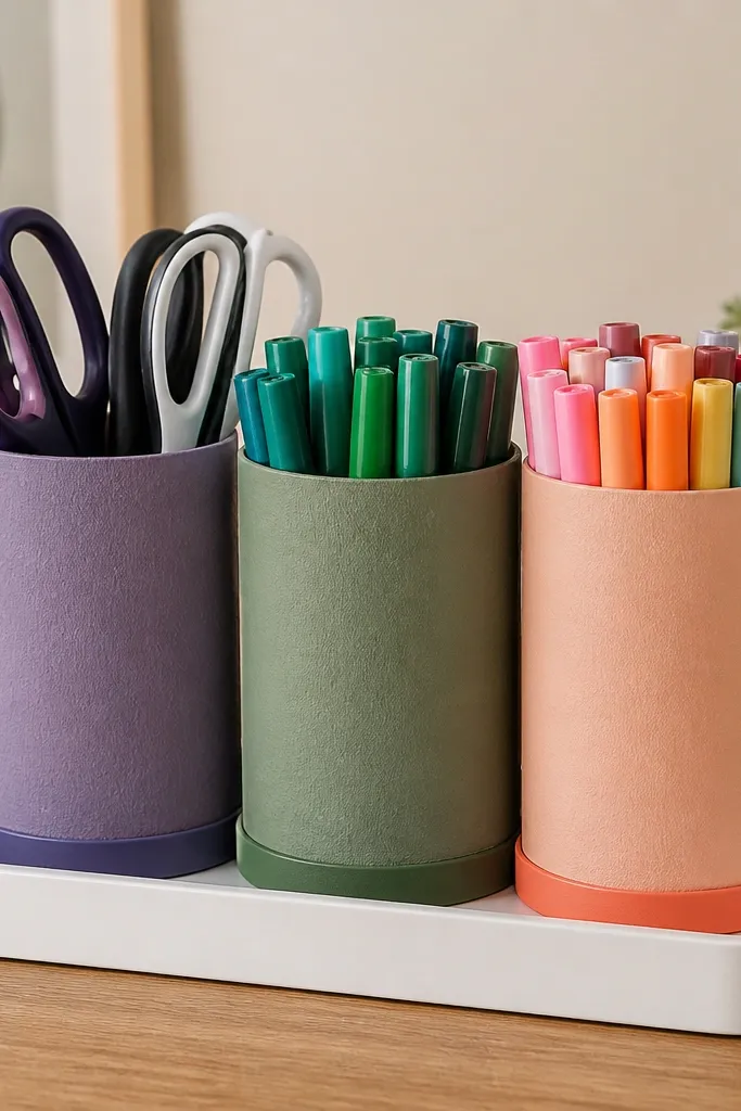 Three paper towel rolls painted in matte colors and capped with circles of craft foam at the bottom. They sit in a tray and hold scissors and marker caps upright.