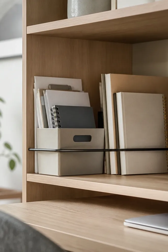 A thin rod divider installed on the side of a desk shelf, with small bins held behind it. The rod runs horizontally, creating a line that keeps papers from sliding.