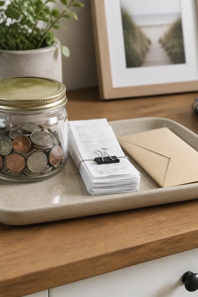 A shallow ceramic tray near the desk edge holding a labeled coin jar, a folded receipt stack, and a small envelope for permission slips.