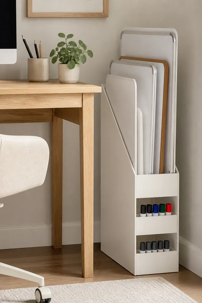 A slim magazine rack holding dry-erase boards and marker sets vertically. The rack is painted white and sits at the side of the desk.