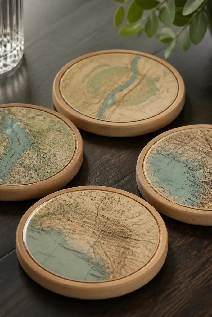 Four round light-wood coasters on a dark table. Each coaster has a tiny printed map center, a clean burned border around the edge, and a clear glossy seal that reflects light.