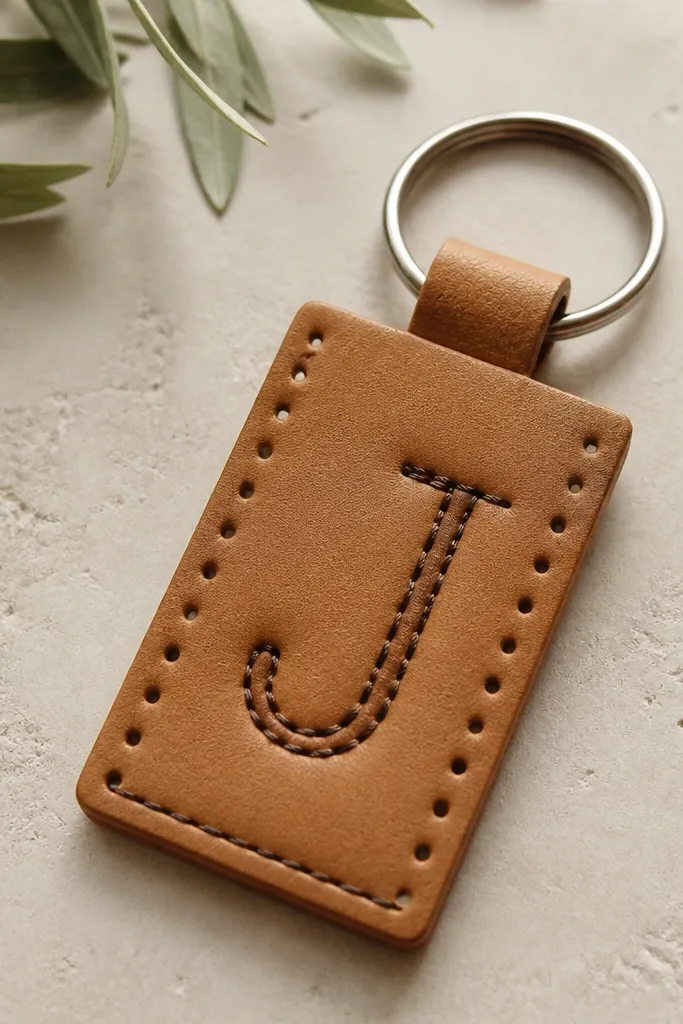 A tan faux leather key fob with a rectangular shape and a stitched letter 'J' in dark thread. The fob has punched holes along the sides and a small metal key ring at the top.