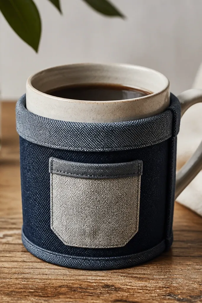 A dark denim sleeve around a coffee mug with a small light-gray fabric pocket on the front. The edges are neatly bound with iron-on hem tape and the top has a folded cuff.