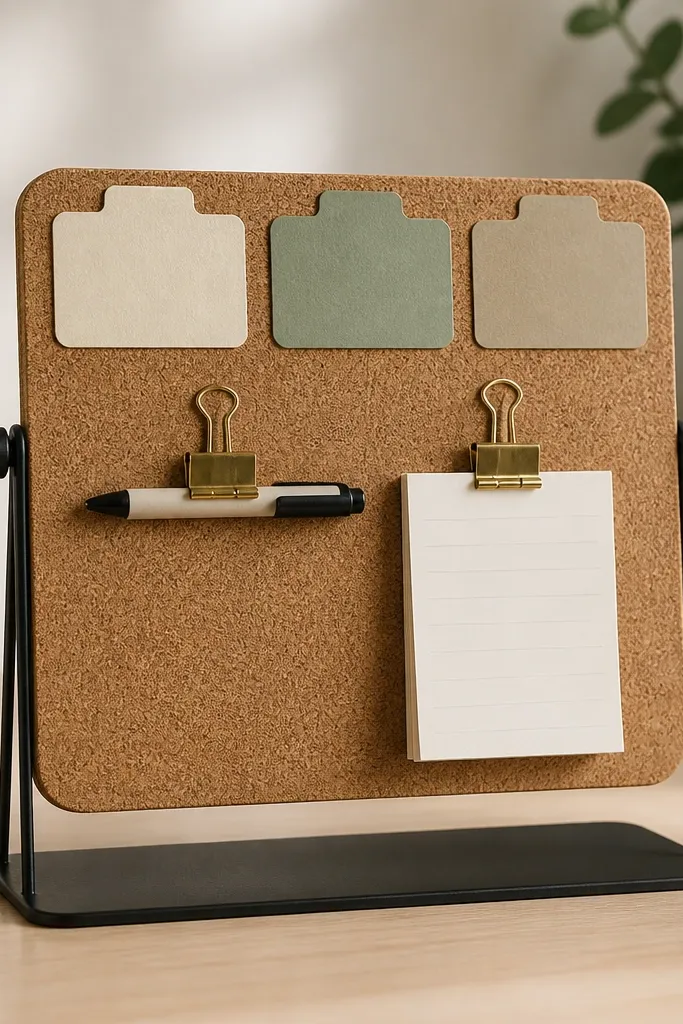 A small corkboard panel mounted on a desk stand. There are three label tabs made from thick cardstock at the top, and two binder clips holding a pen and notes.