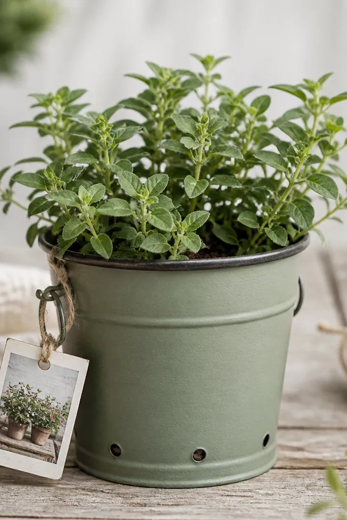A small galvanized tin planter painted in muted sage with a darker rim. A tiny photo tag is tied to the handle-like loop with twine, and a plant sits inside with drainage holes.