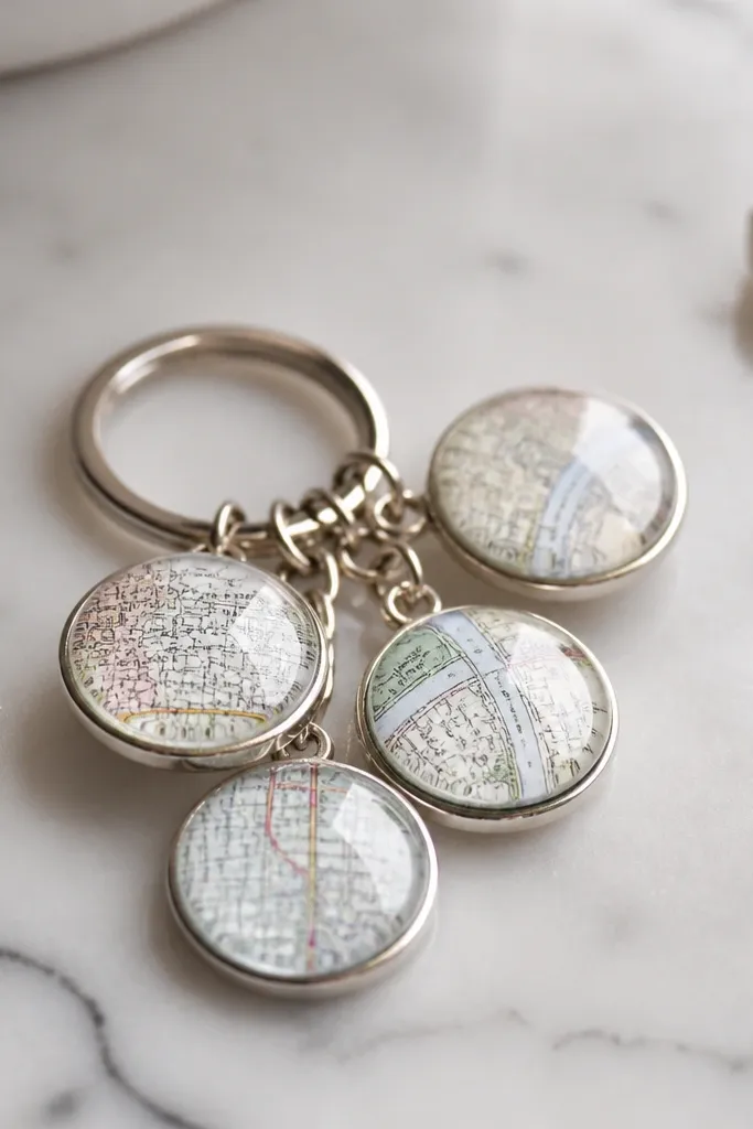 A small keychain with several clear resin domes. Under each dome is a tiny strip of street map paper, and the domes shine like candy.