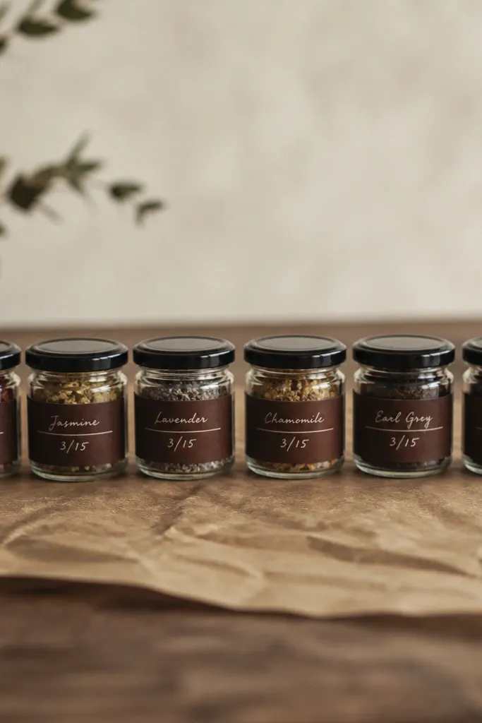 A set of small round glass jars with dark amber labels. Each label has a clean typographic name and a date in neat handwriting, and the jars are lined up on craft paper.