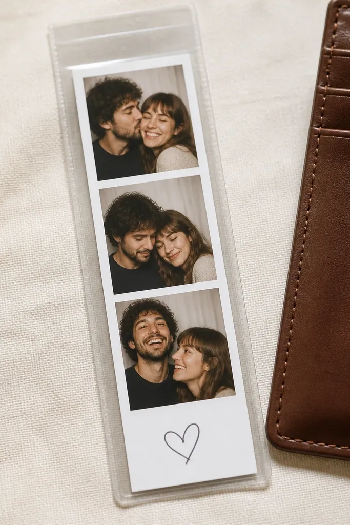 A slim plastic sleeve containing a vertical photo strip. The strip shows three small photos and a handwritten caption line, and the sleeve is sized to slide into a wallet slot.