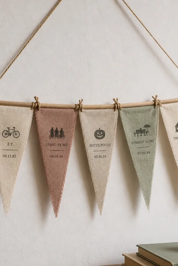 A small triangle bunting made from washed cotton fabric. Each triangle has a stamped movie title and a date, and the banner is tied with twine to a small wooden dowel.