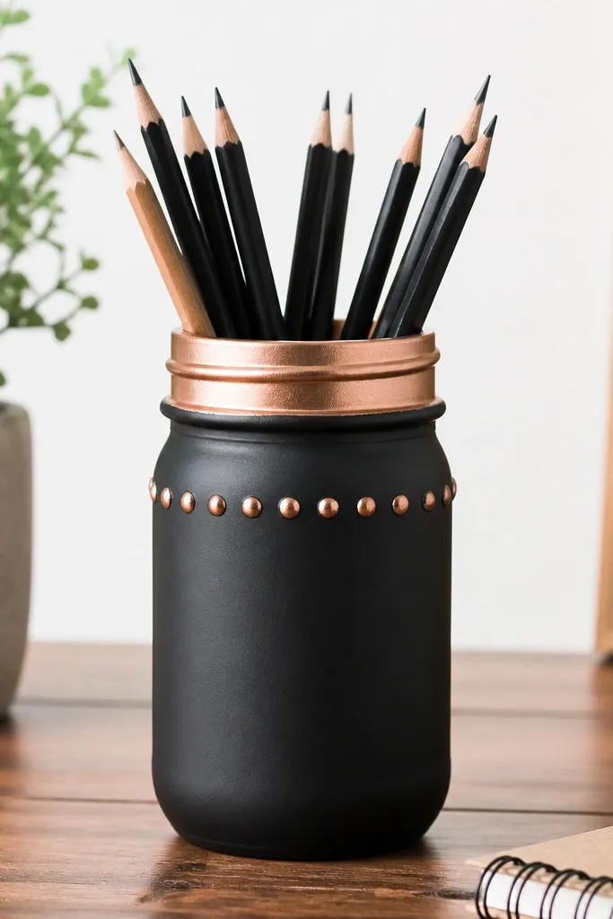 A clear mason jar painted matte black with a glossy copper band near the top. Small metallic studs are glued in a line around the jar, and pencils sit inside.