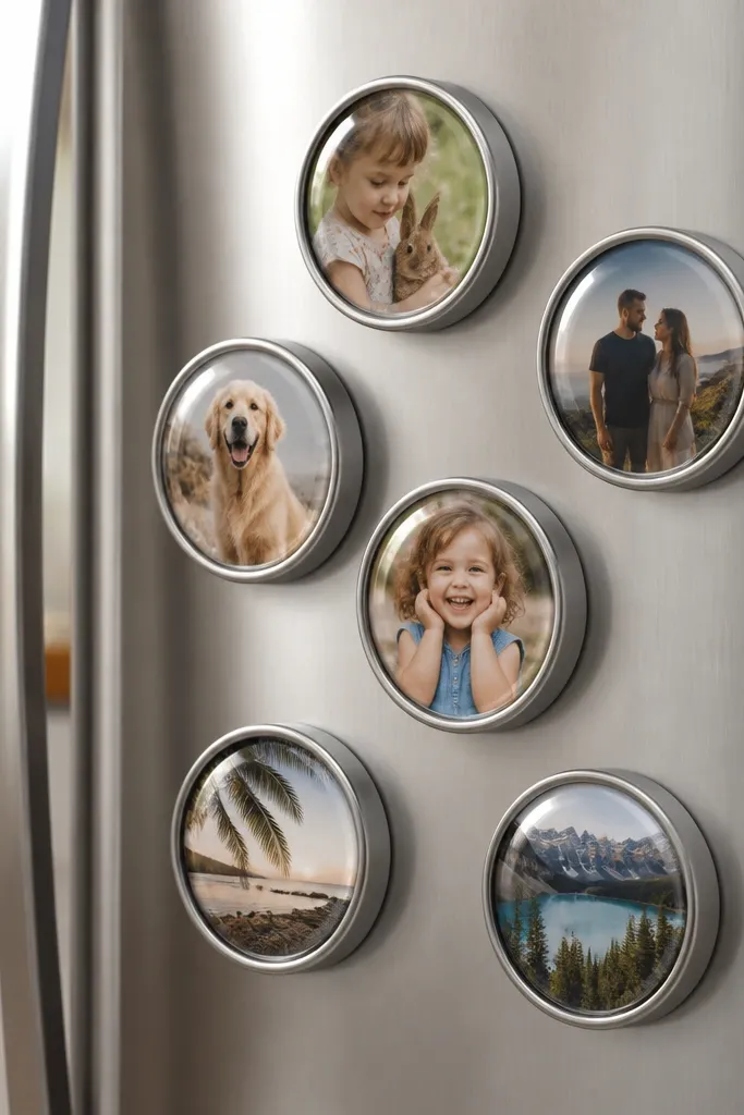Small circular magnets on a fridge. Each magnet has a photo inside a round frame made from candle jar lids, and the surface is sealed and glossy.