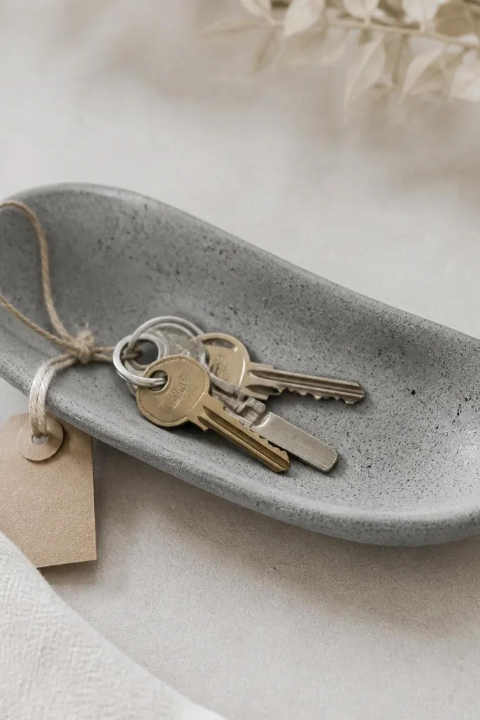 A small matte key tray with a faux concrete texture. It has a curved dish shape, speckled gray finish, and a label tag tied to it.