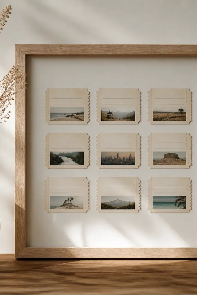 A small frame with a grid of faux ticket stubs. Each stub has a date line, a location line, and a tiny photo strip, all printed on textured paper.
