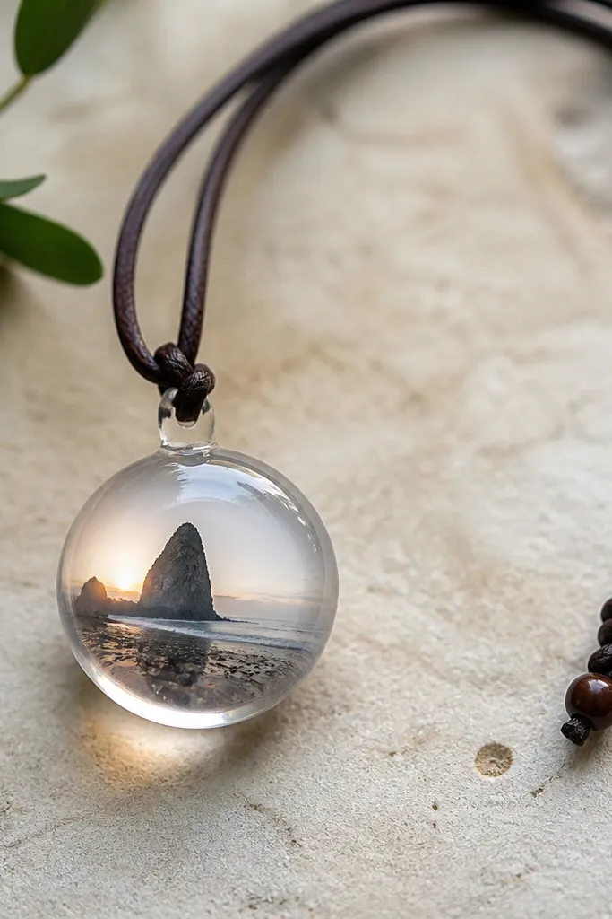 A clear resin pendant with a tiny photo inside, suspended on a dark waxed cord. The pendant catches light and the cord ends are neatly tied with a small knot and bead.
