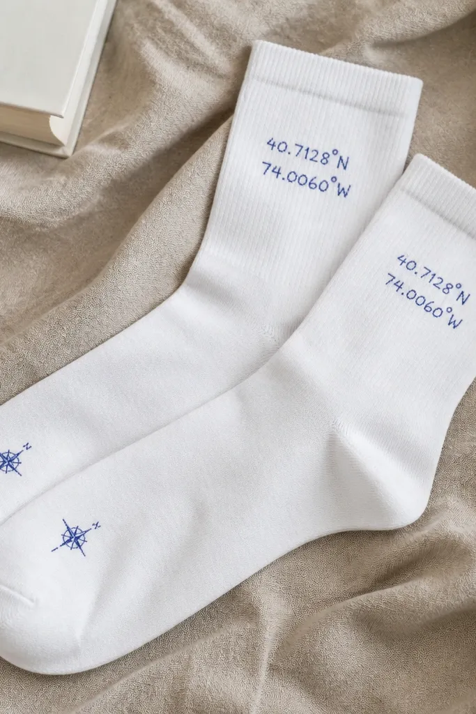 A pair of plain white socks with blue handwritten coordinates on the ankle and a tiny compass line near the toe. The paint has a slightly matte finish.