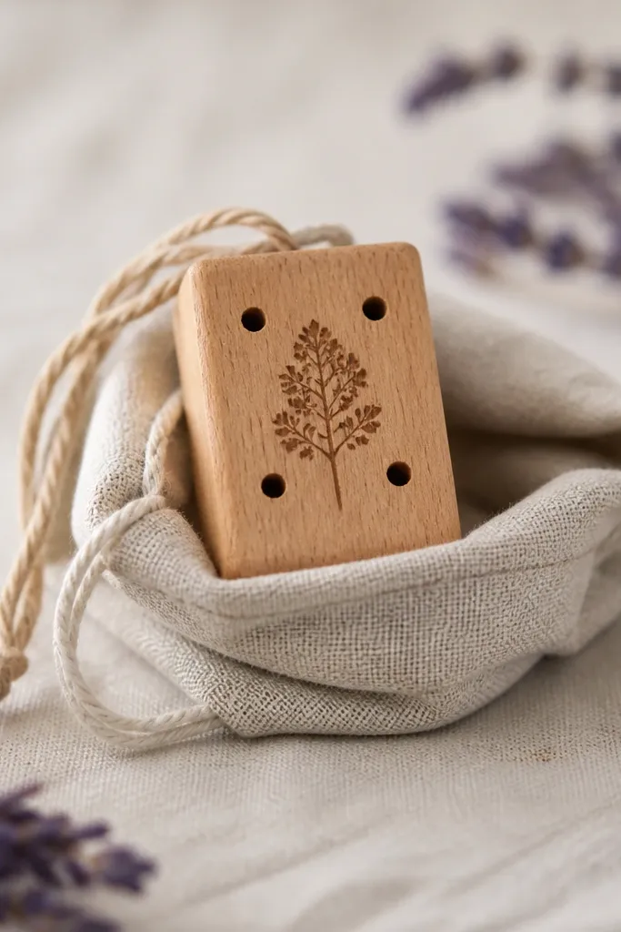 A small wooden sachet block with a stamped label on the front. The block has a few drilled holes and sits in a small linen pouch with a tied string.