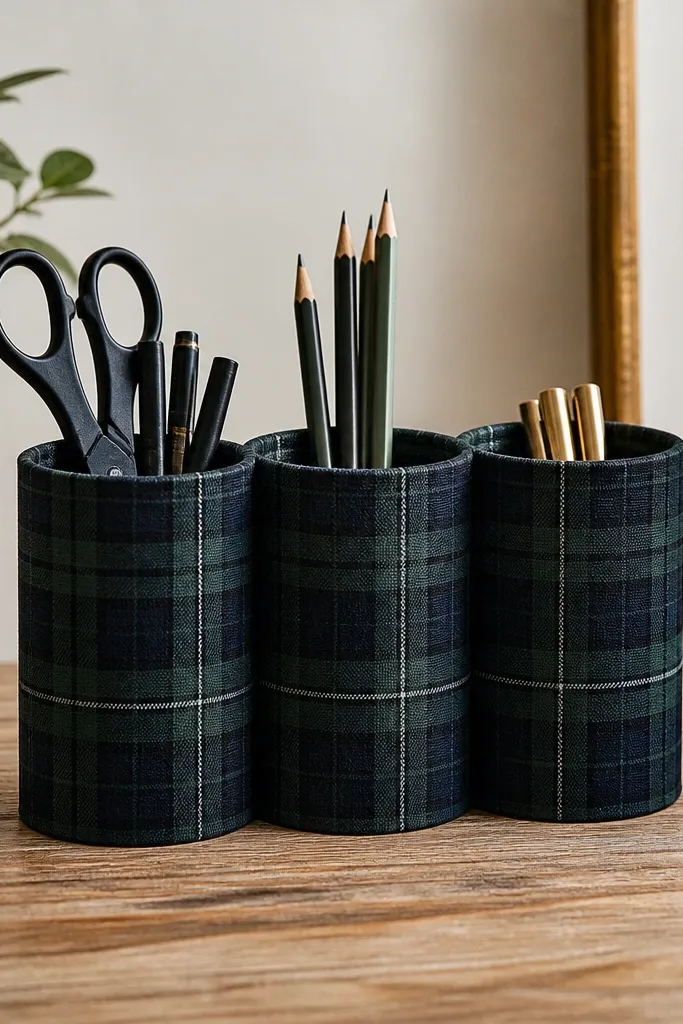 A three-compartment organizer made from fabric-wrapped cardboard tubes. The fabric is a dark plaid, and the top edges are trimmed cleanly and taped under.