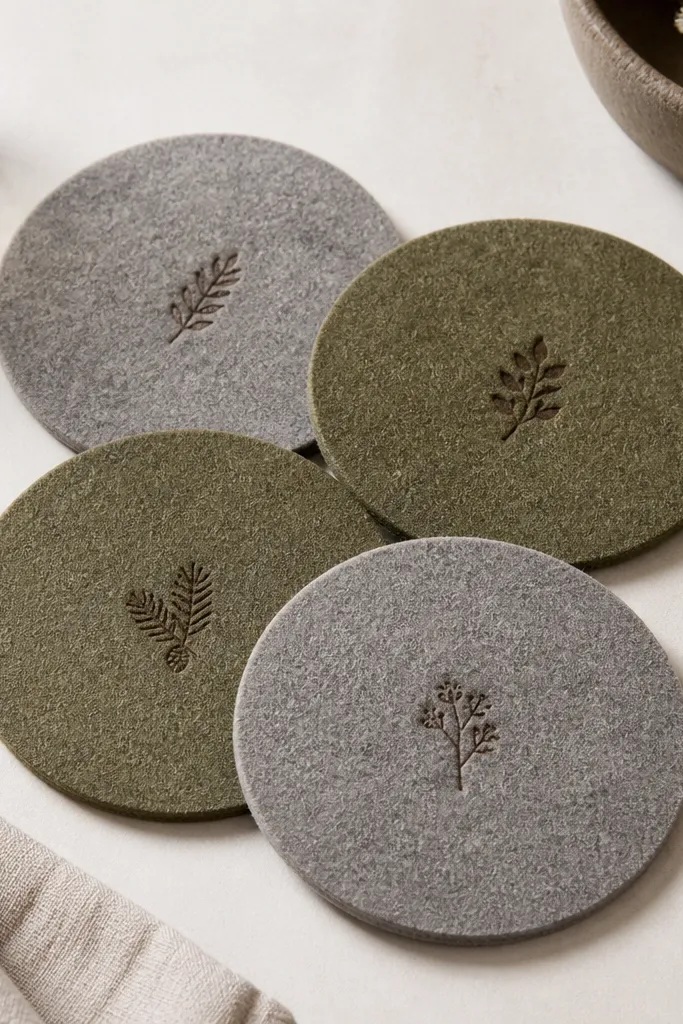 A set of four felt coasters in muted olive and gray. Each coaster has a small heat-stamped name in a darker brown center, and the edges are cleanly cut.