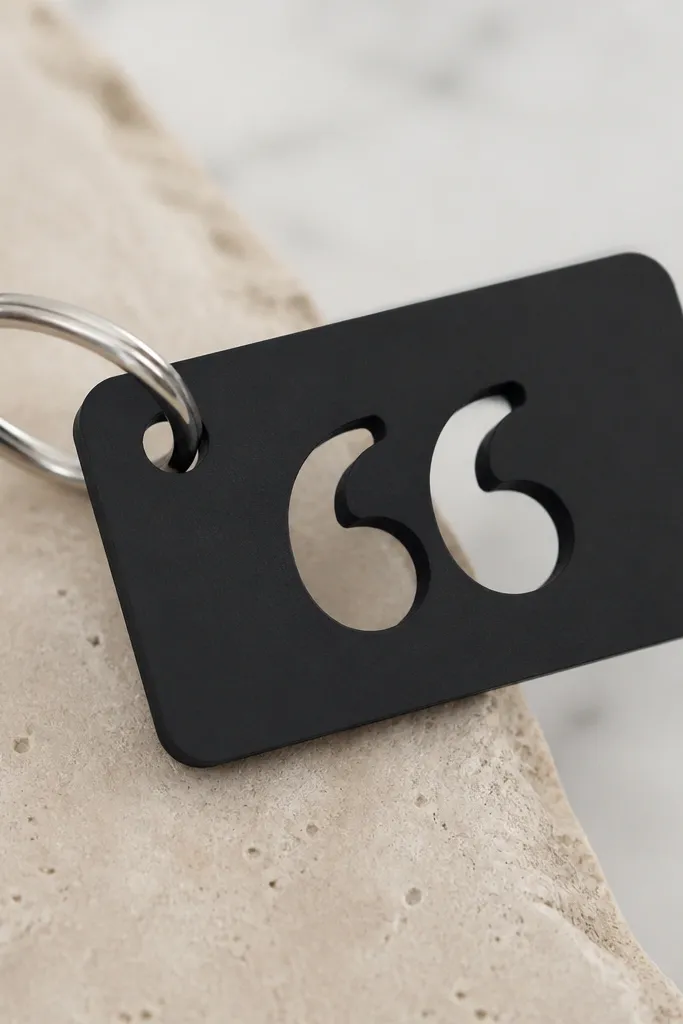 A small key tag made from thick plastic or acrylic with a punched-out quote. The tag is black with white letters and a metal ring at the corner.