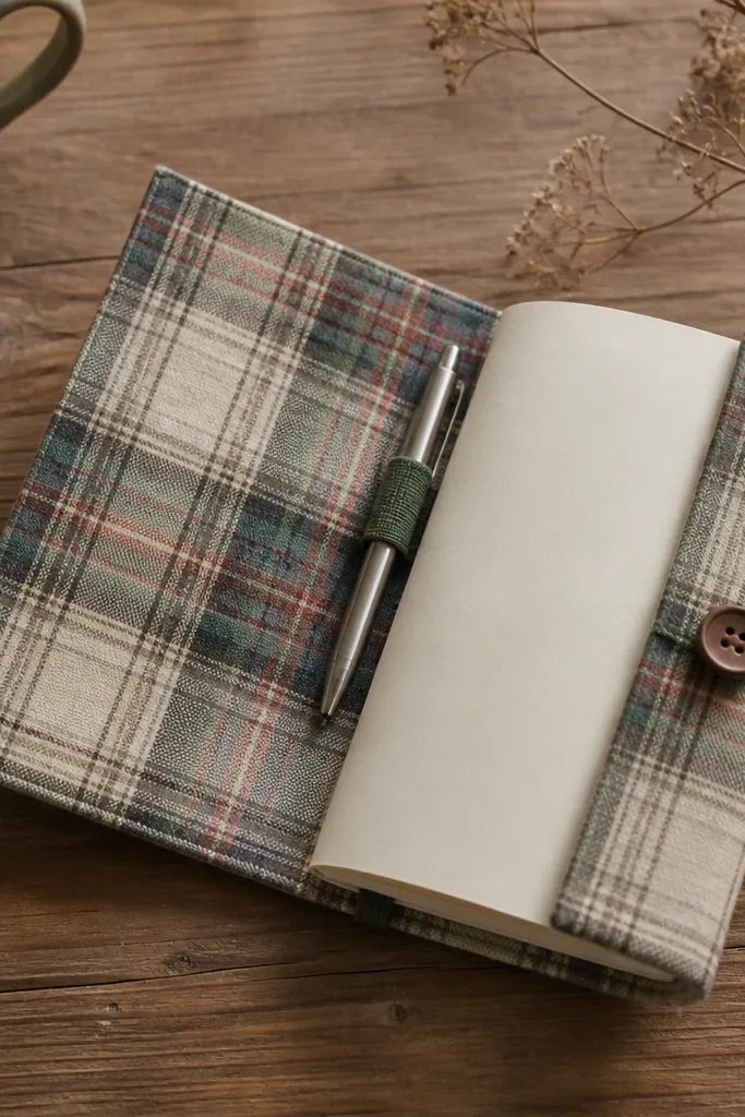 A notebook wrapped in a repurposed plaid shirt fabric. The cover has a stitched elastic pen loop on the inside and a small button closure on the front.
