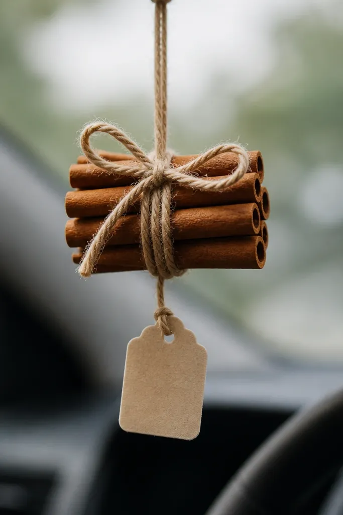 A small hanging car charm made from cinnamon sticks tied with twine. A tiny tag with handwriting hangs below, and the sticks sit in a compact bundle.