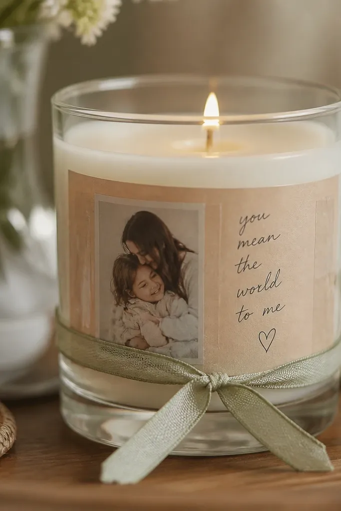 A candle with a custom label showing a small photo and a handwritten note. The label is covered with clear heat-safe tape and a ribbon wraps around the glass jar.