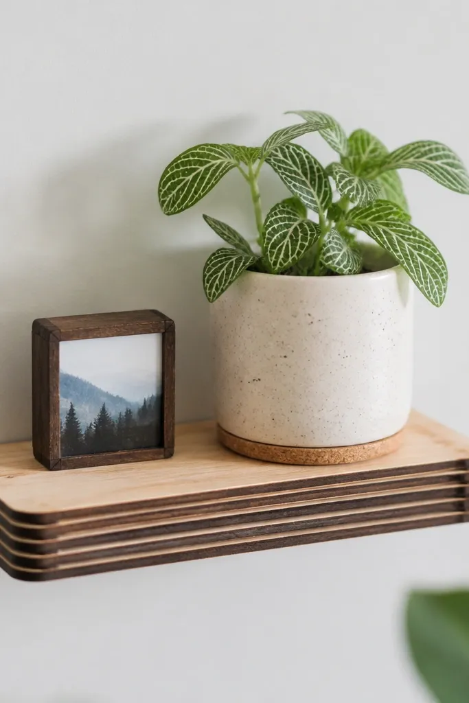 A small floating-look shelf made from layered popsicle sticks. The edges are stained dark and the shelf holds a small plant and a matchbox-sized frame.