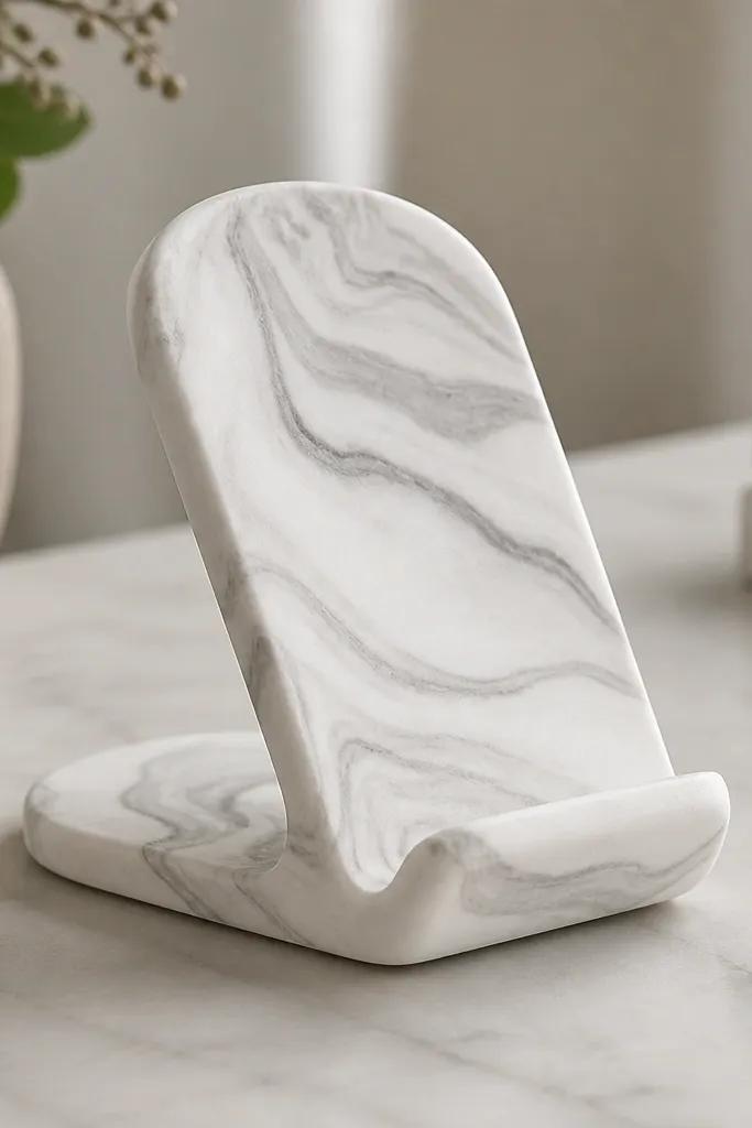 A desktop phone stand with a smooth white base and gray marbling swirls. The stand has a curved back and a small lip where the phone rests.