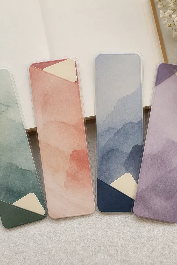 A set of four bookmarks with different colors. Each bookmark has a small corner pocket that holds a tiny note, and the edges are rounded and laminated.