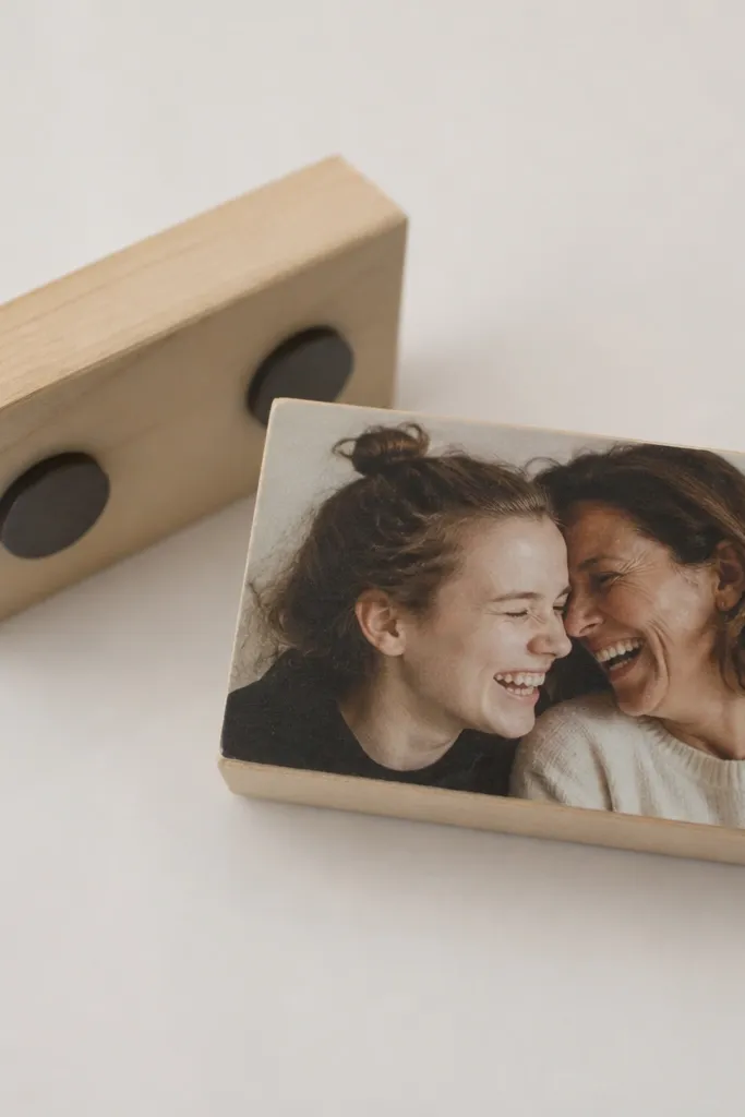 Small rectangular wood blocks with printed photos on top and round magnets glued underneath. The photos show two people laughing, and the blocks are sealed with a matte coat.
