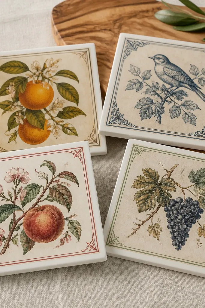 A set of four square ceramic tile coasters. Each has a printed vintage-style label and a glossy clear coat, and the edges look clean and sealed.