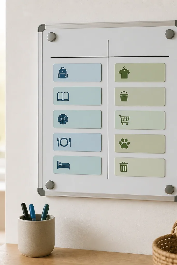 A small dry-erase board on the wall with a clean grid of vinyl task labels. There are two columns labeled in marker and a small checklist with magnets at the corners.