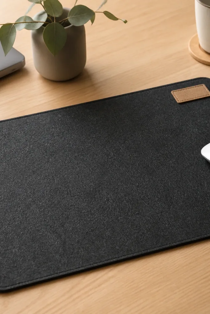 A rectangular felt mousepad in charcoal with a small name patch in tan felt on the top right. The edges have a simple stitched outline and the surface looks matte and smooth.