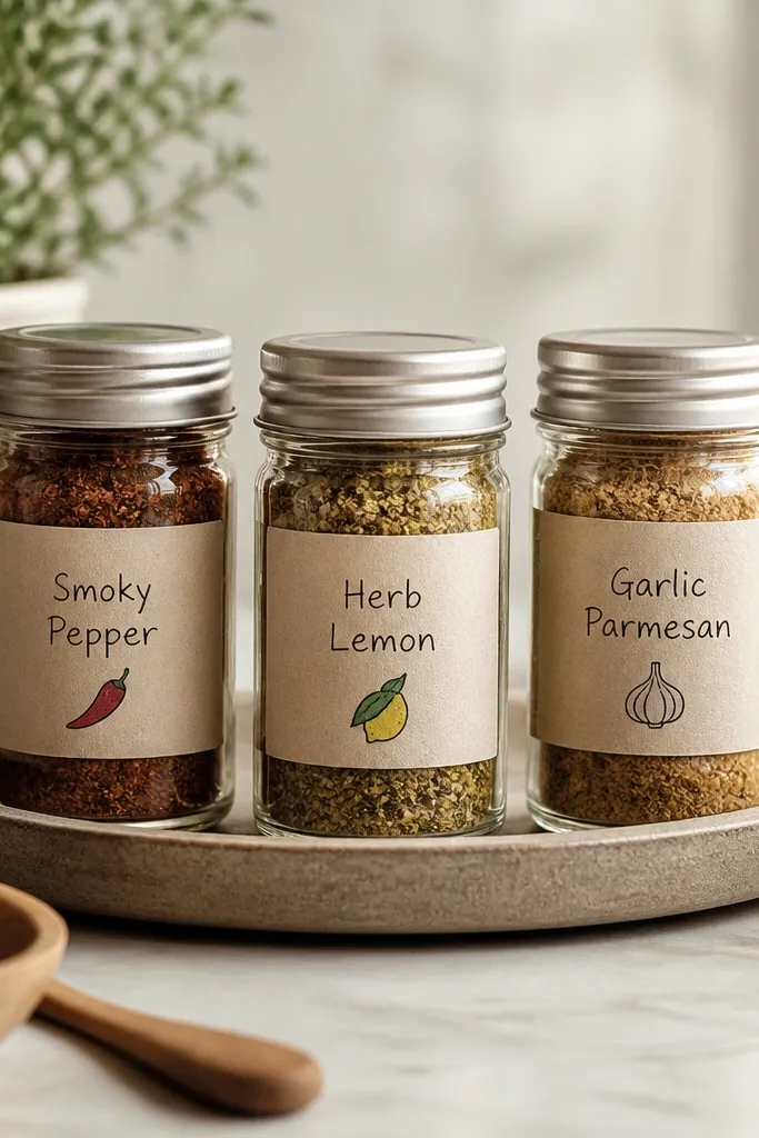 Three small spice jars with handwritten-style labels. Each label has a blend name and a tiny icon like a pepper or lemon, and the jars are grouped on a tray.