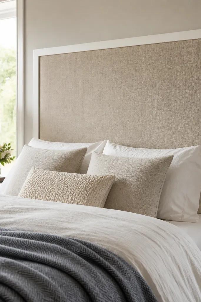 Beige fabric panel in a dark wood frame on a bed