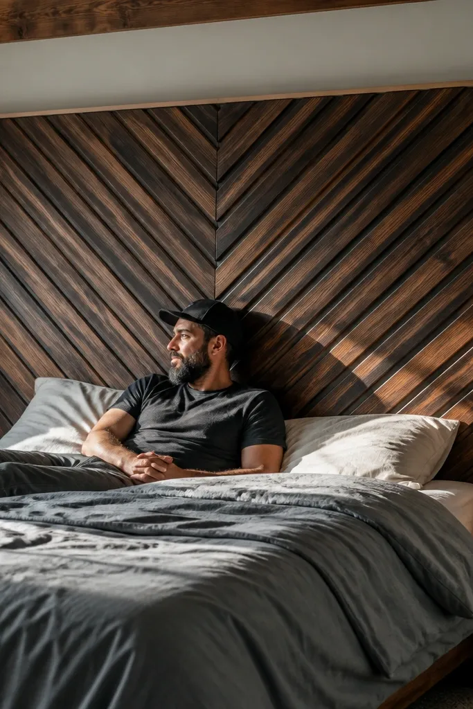 Dark stained chevron slats on a light plywood headboard