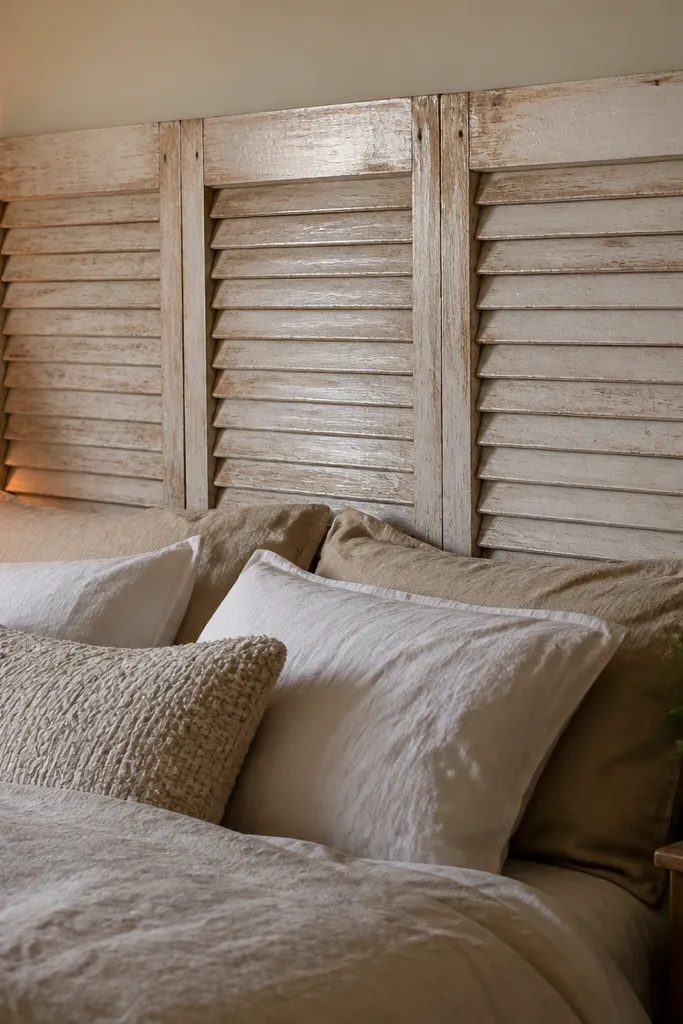 Old wooden shutter headboard in whitewash on a bed