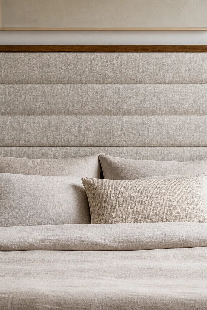 Linen headboard with horizontal stitched channels and soft foam padding