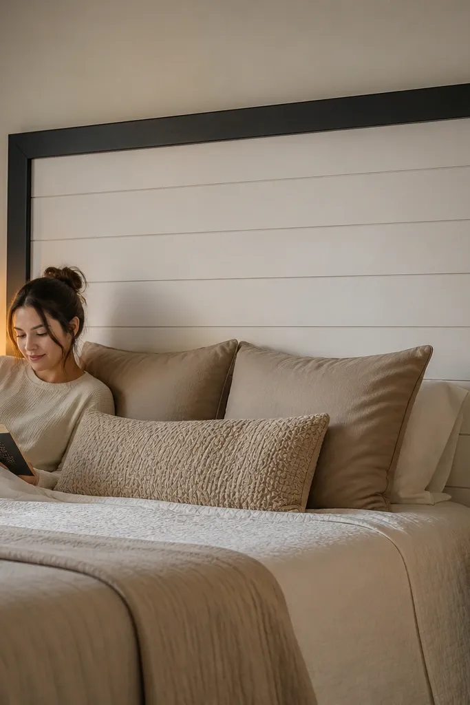 White shiplap panel framed in matte black on a bed